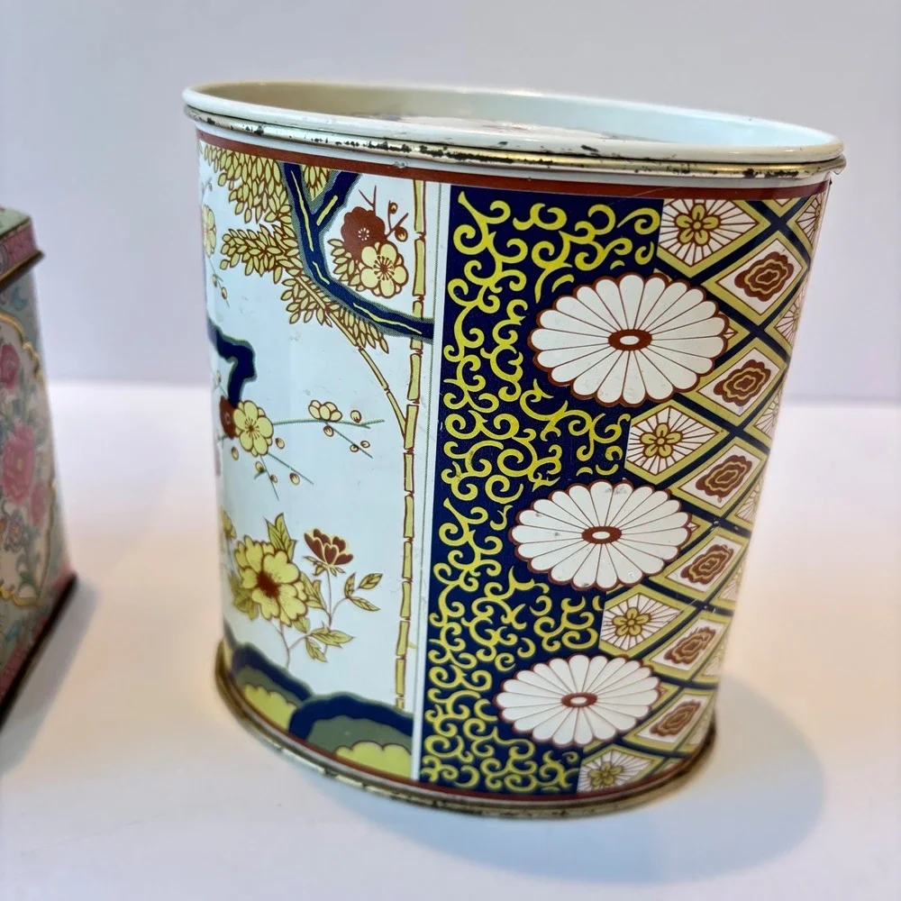 Vintage Metal Tins Set 3 Floral Chinoiserie Storage Boxes England USA Small